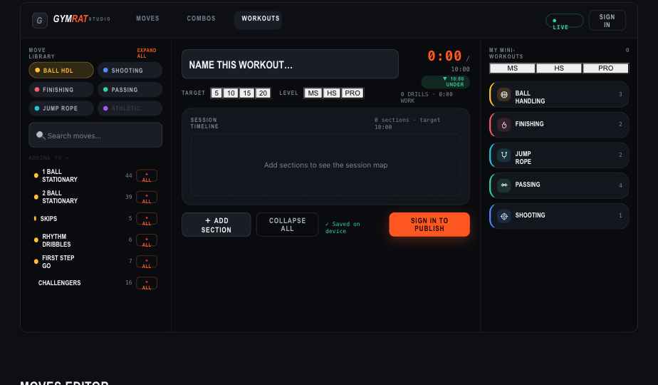 The GYMRAT Studio workout builder — move library, session timeline, and publish